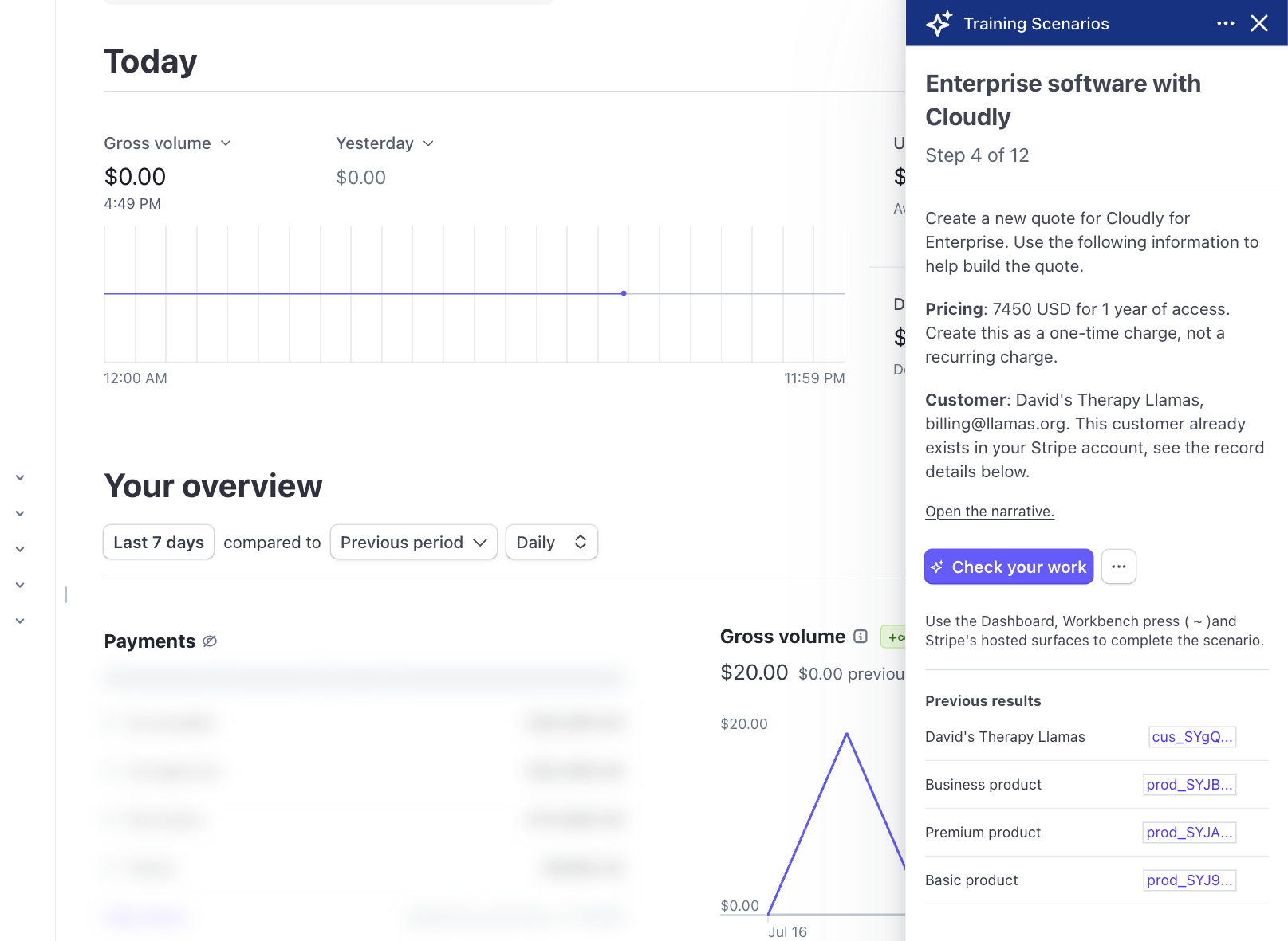 Screenshot of a sample Stripe Dashboard, showing the Training Scenarios app open in the right-hand drawer.