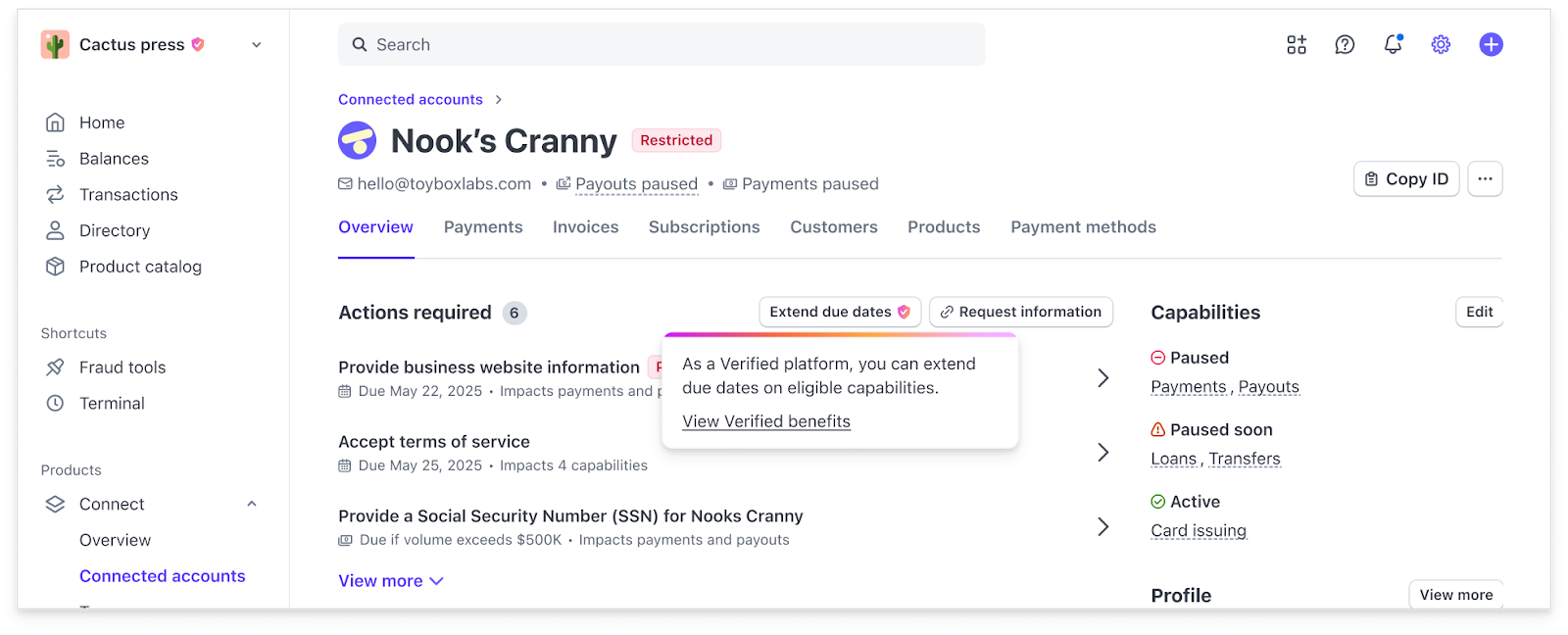 The Account details page, including the Extend due dates button